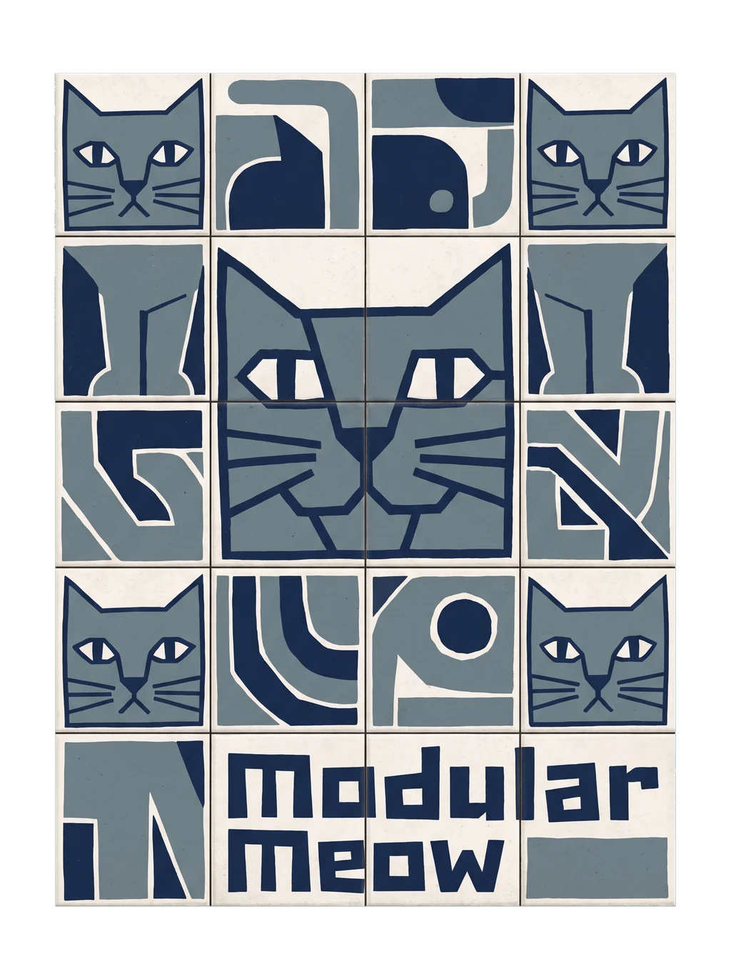Abstract Feline Grid: Monochromatic Block Print Art