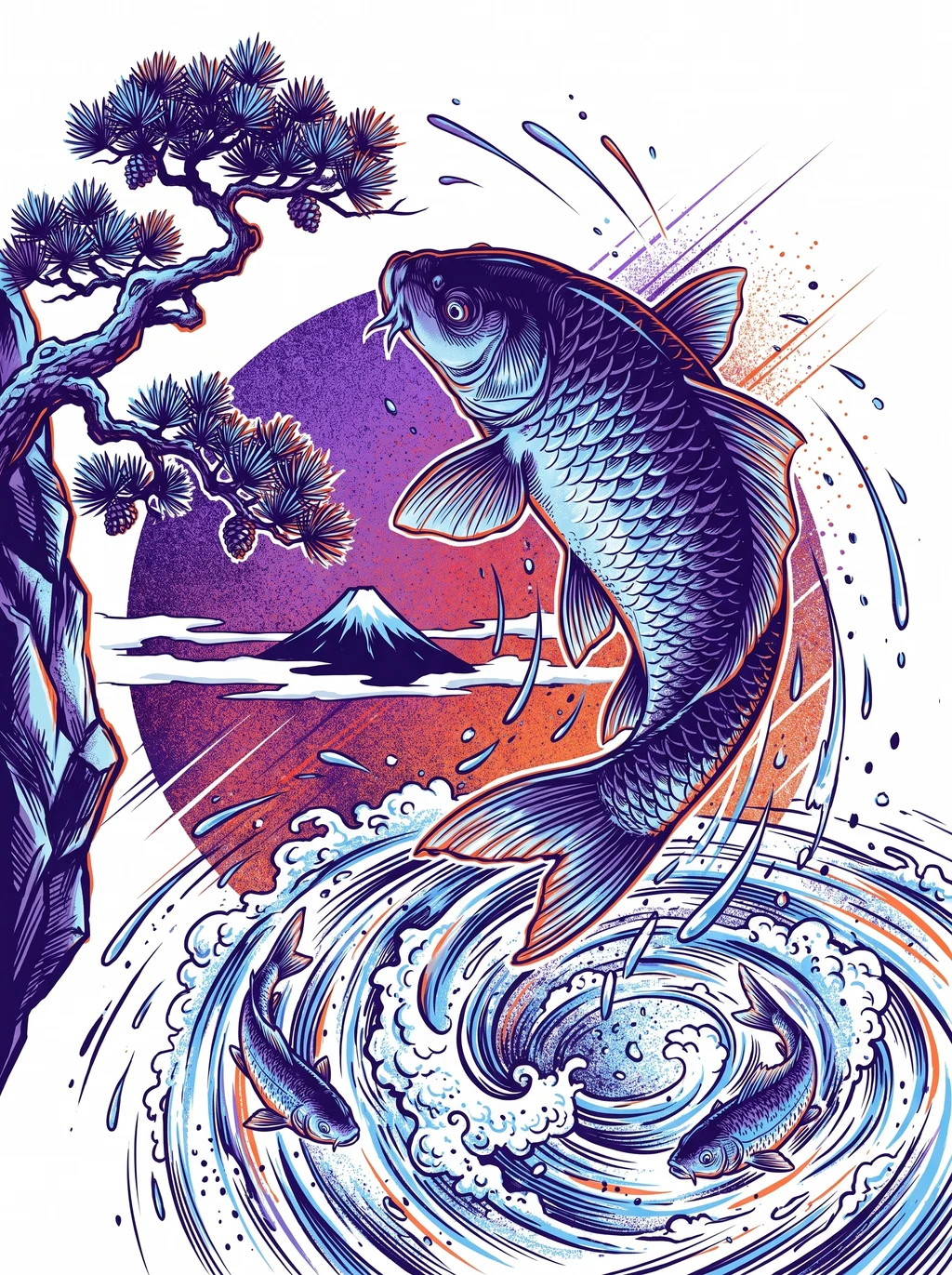 Leaping Koi and Mount Fuji