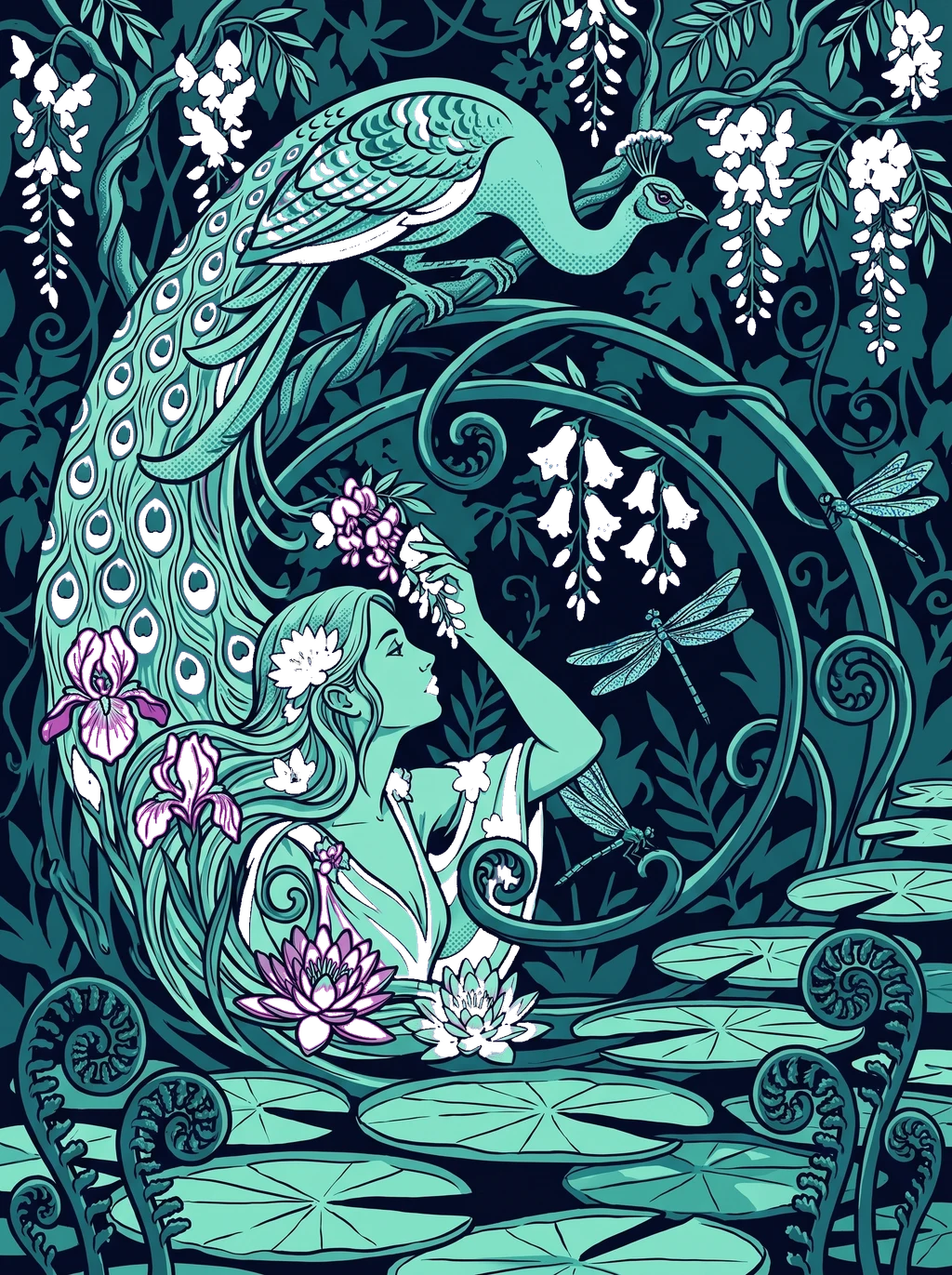 Ethereal Flora & Peacock Art Nouveau Tee