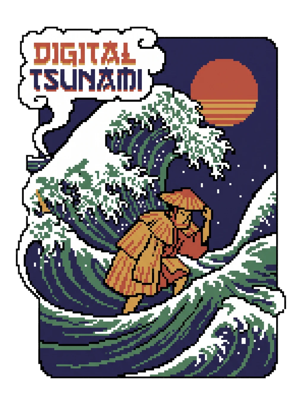 Pixelated Ukiyo-e Wave: Digital Tsunami Tee