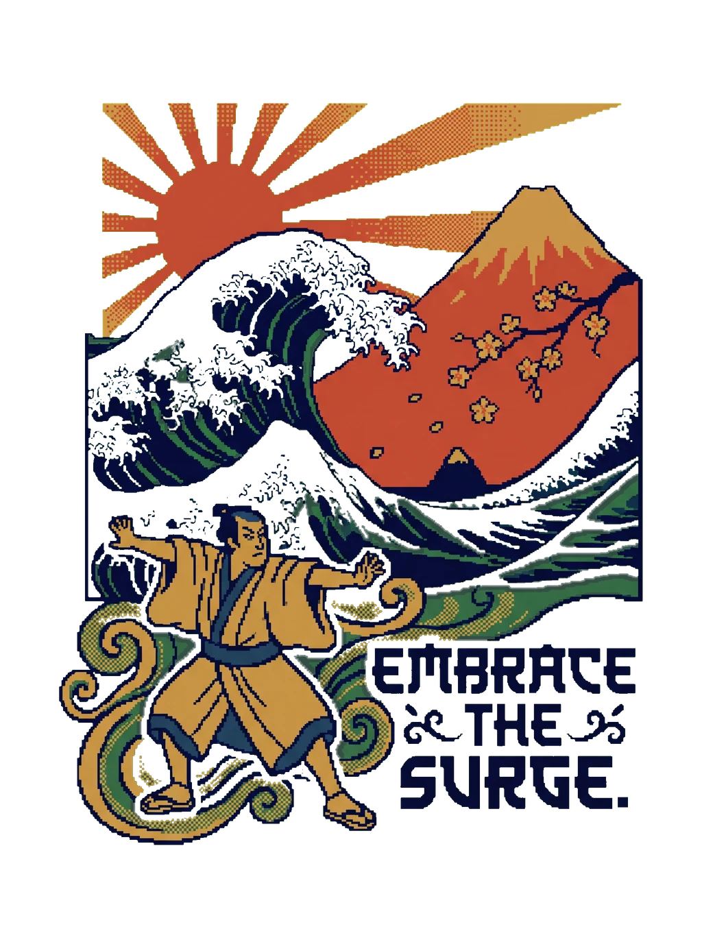 Pixel Ukiyo-e Wave: Digital Woodblock Motivation Tee
